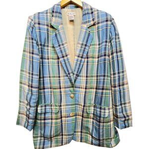 Talbots Women's Classic Linen 2 Button Blazer Long Sleeve Size L Multi Plaid